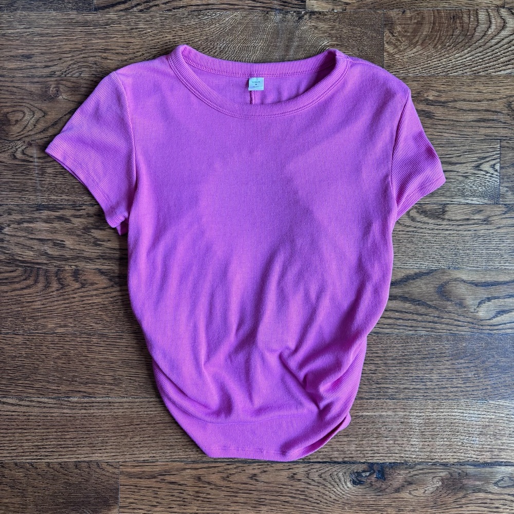 Old Navy UltraLite Go Dry Ribbed Pink Ruched Open-Back Short Sleeve Tee Medium - Picture 2 of 4